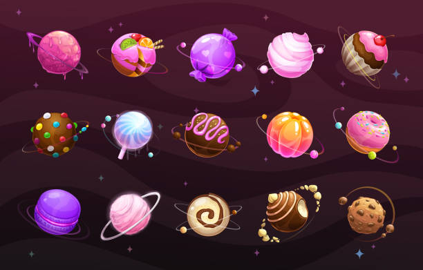 ilustraciones, imágenes clip art, dibujos animados e iconos de stock de dulce concepto de mundo. planetas alimentarios en el fondo espacial - chocolate chocolate candy cupcake pink