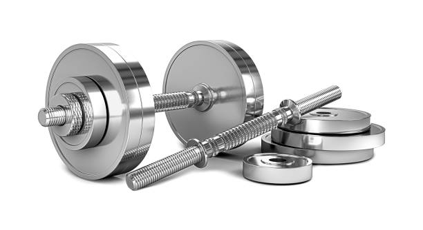 istock chrome dumbbell isolated on a white background. 3d render. 3d illustration 1181702504