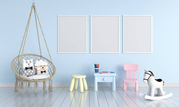 istock Three blank photo frame for mockup in child room, 3D rendering 1181709103