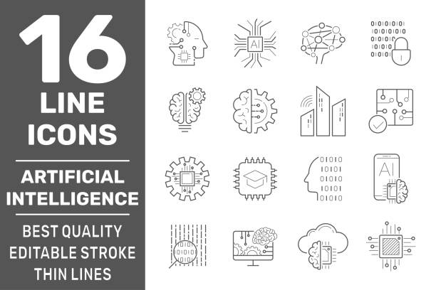 ilustrações de stock, clip art, desenhos animados e ícones de set of ai, iot and machine learning line icons. simple pictograms pack. modern icons collection in outline style. vector illustration on a white background. eps 10 - nerve cell human nervous system cell brain