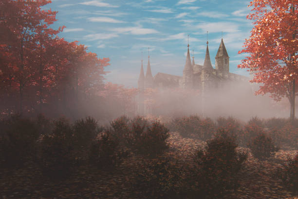 Fantasy old castle in the forest Fantasy old castle in the forest. This is entirely 3D generated image. Castle model is generic in architecture and modelling and isn't a replica of any real castle. castle photos stock pictures, royalty-free photos & images
