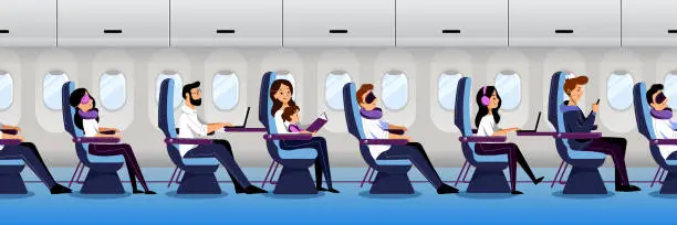 Vector illustration of Airplane interior with traveling passengers, seamless horizontal background. People travel by plane. Vector illustration