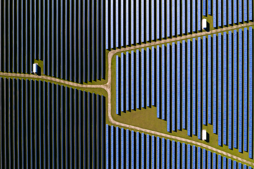 Renewable energy plants, aerial view of solar panels.