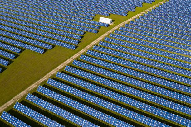 istock Aerial view of solar panels 1181720215