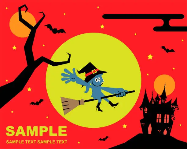 Vector illustration of Happy Halloween Greeting, blue witch flying on broom, starry night with full moon and haunted castle