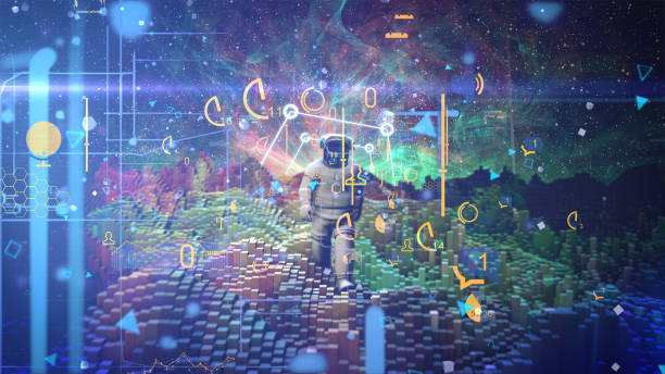 astronaut in digital blockchain space virtual interface - binary code close up computer data imagens e fotografias de stock