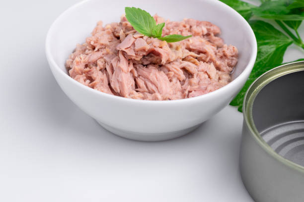 istock Canned tuna in a white bowl, isolated on white; empty open tuna tin on a white background; copy space, soft light, studio shot 1181731571