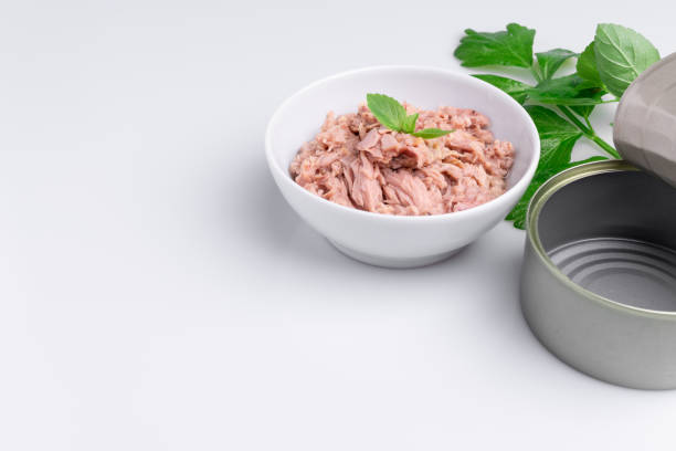 istock Canned tuna in a white bowl, isolated on white; empty open tuna tin on a white background; copy space, soft light, studio shot 1181731602