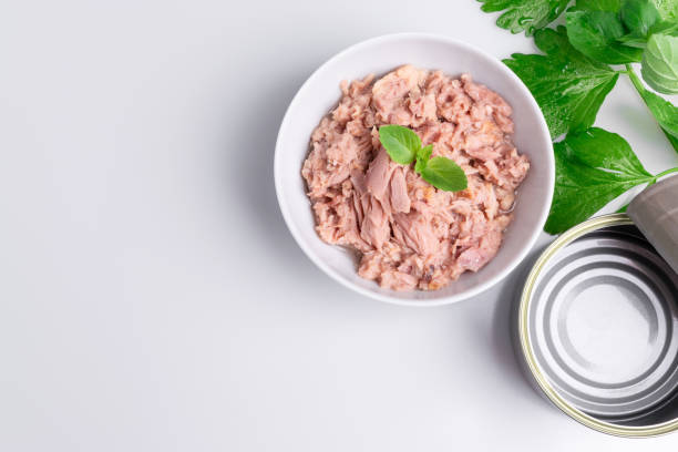 istock Canned tuna in a white bowl, isolated on white; empty open tuna tin on a white background; copy space, soft light, studio shot 1181732173