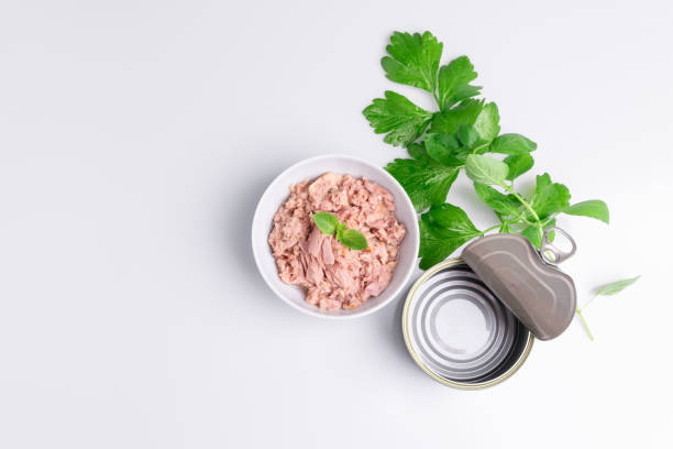 istock Canned tuna in a white bowl, isolated on white; empty open tuna tin on a white background; copy space, soft light, studio shot 1181732215
