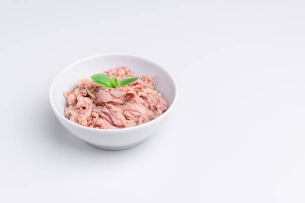 istock Canned tuna in a white bowl, isolated on white background; copy space, soft light, studio shot 1181732308