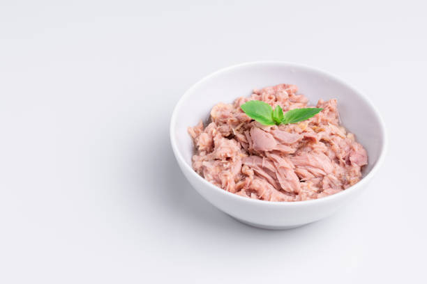 istock Canned tuna in a white bowl, isolated on white background; copy space, soft light, studio shot 1181732316