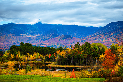 Overlooking a pond with vibrant fall foliage and a mountain range