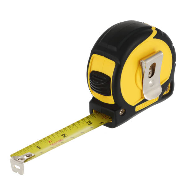 白い背景に傾斜したスチールルール - tape measure ストックフォトと画像