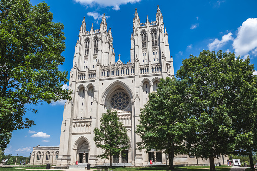 Front exterior view of Washington National Cathedral in Washington DC in summer