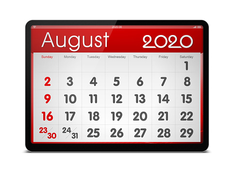 (Clipping path) August 2020 calendar on digital tablet isolated