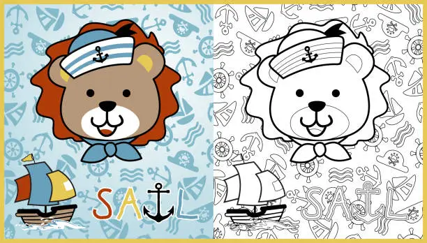 Vector illustration of vector cartoon of lion the sailor with sail boat on sailing equipment background pattern, coloring book or page