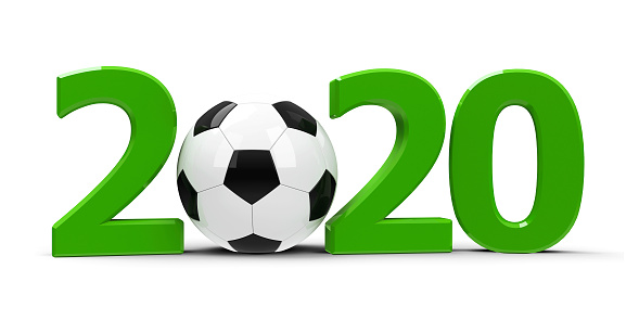 Green 2020 with football isolated on white background, represents 2020 football competition, three-dimensional rendering, 3D illustration