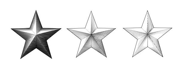 Three style of vintage engraving Christmas star isolated on white BG Monochrome vintage Engraved drawing Christmas star three style vector illustration isolated on white background gold metal clipart stock illustrations