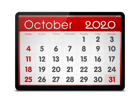 (Clipping path) October 2020 calendar on digital tablet isolated