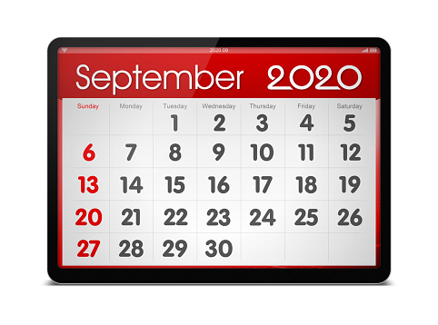 (Clipping path) September 2020 calendar on digital tablet isolated