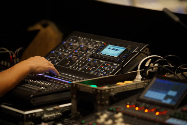 istock Sound technician control professional audio mixer in meeting room. Selective focus. 1181748621