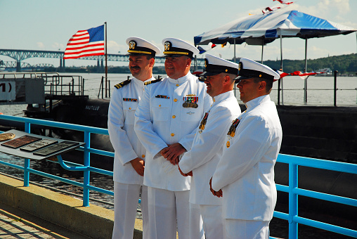 Groton, CT, USA August 2, 2008 Former Navy officers stand by USS Nautilus, the first nuclear submarine, in Groton, Connecticut