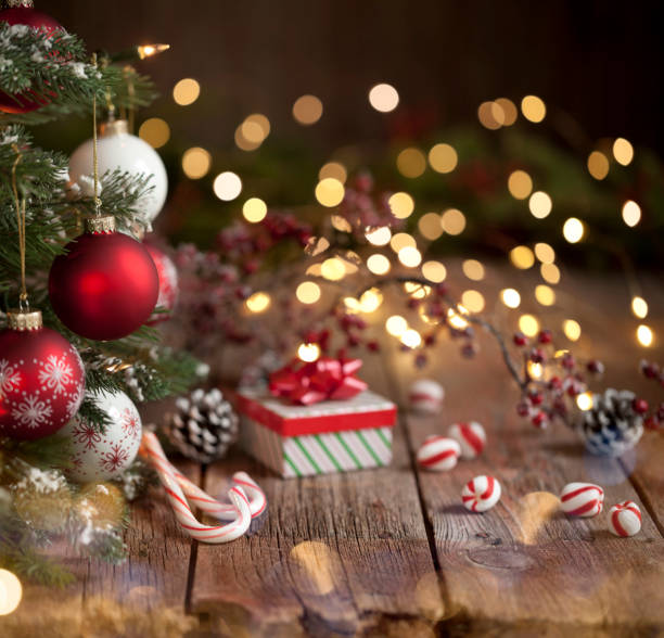 istock Christmas Tree, Gift and Candy Cane Background 1181751975