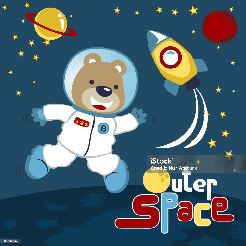 Funny Astronaut In Outer Space With Rocket And Space Objects Vector Cartoon  Illustration Stock Illustration - Download Image Now - iStock