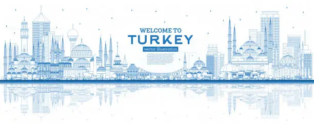 Vector illustration of Welcome to Turkey Skyline with Gray Buildings, Blue Sky and Reflections.