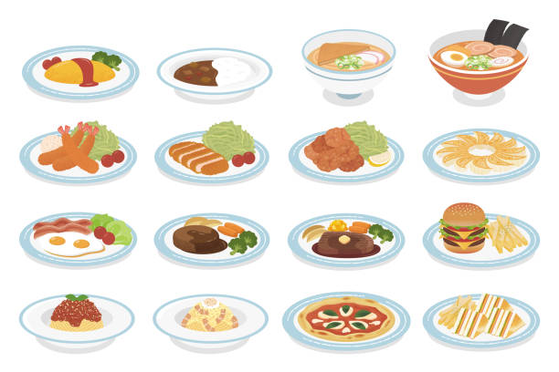 Various dishes Fried shrimp, tonkatsu, deep-fried chicken, grilled dumplings
Omurice, curry rice, ramen, udon
Fried egg, hamburger, steak, hamburger
Tomato spaghetti, carbonara, margherita, sandwich meat cartoon stock illustrations