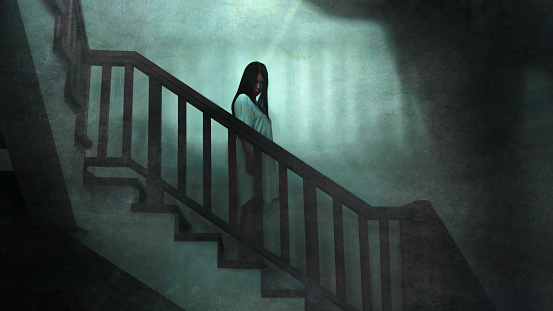 Japanese horror movie style portrait of young strange Asian girl at night in dark solitary hotel staircase looking weird and shady in fear and scary Halloween tribute