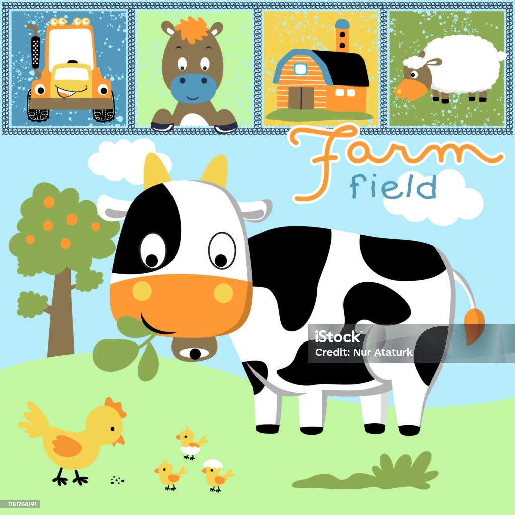 Ilustración de Animales De Campo De Granja Dibujos Animados Con Vaca Burro  Oveja Pollo Tractor Sonriente Granero Y Plantas y más Vectores Libres de  Derechos de Agricultor - iStock