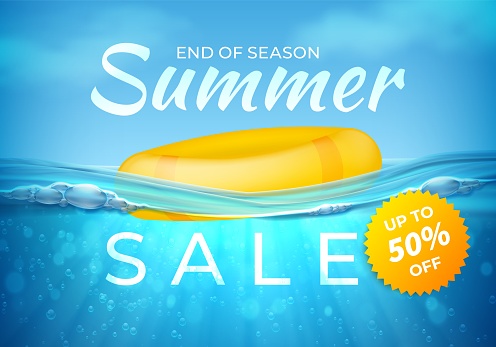 Realistic summer sale poster. End of season sea underwater design banner with waves. Vector label pool colored objects on blue sky background