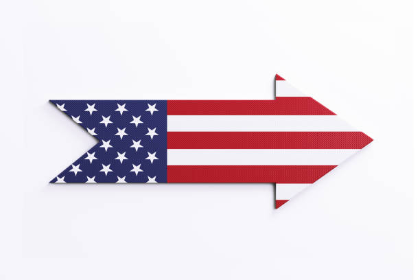 Arrow shape textured with American flag on white background, Horizontal composition with clipping path.