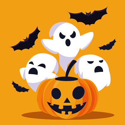 Ilustración de Halloween Calabaza Y Fantasmas Dibujos Animados Diseño  Vectorial y más Vectores Libres de Derechos de Bate - iStock