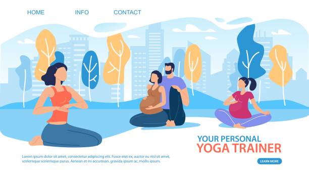 illustrazioni stock, clip art, cartoni animati e icone di tendenza di yoga personal trainer per il sito web pregnant vector - yoga meeting
