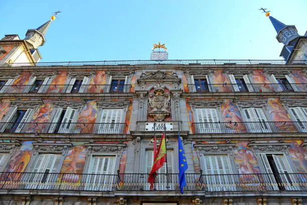 Facade of the Casa de la Panaderia in the Plaza Mayor, Madrid, Capital city of Spain.