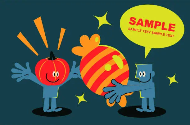 Vector illustration of Blue man giving out big candy to kid on Halloween trick or treat