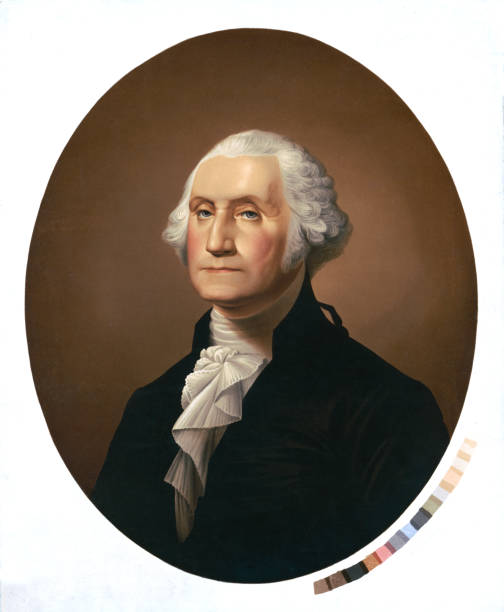 Portrait of George Washington Vintage portrait of George Washington (1732-1799), an American political leader, military general, statesman, and Founding Father who served as the first president of the United States from 1789 to 1797. 18th century style stock illustrations