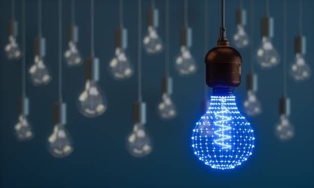 bombilla con puntos de conexión - light bulb electricity lighting equipment blue fotografías e imágenes de stock