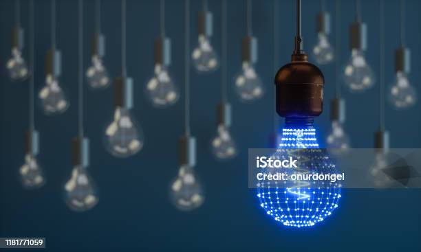 Lightbulb With Connecting Dots Stock Photo - Download Image Now - Technology, Change, Innovation