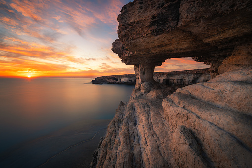 Sea caves in Cape Greko national park near Ayia Napa and Protaras on Cyprus island, Mediterranean Sea