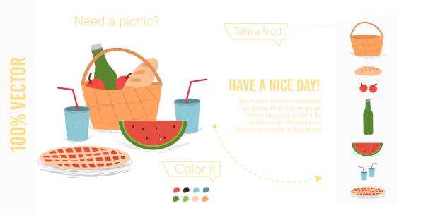Set of Printable Elements for Picnic Poster Banner Set of Printable Elements for Picnic Poster. Composition of Basket with Food and Wine Bottle, Pie, Watermelon and Cups. Have a Nice Day Typography Cartoon Flat Vector Illustration, Craft Style, Banner food sample cups stock illustrations