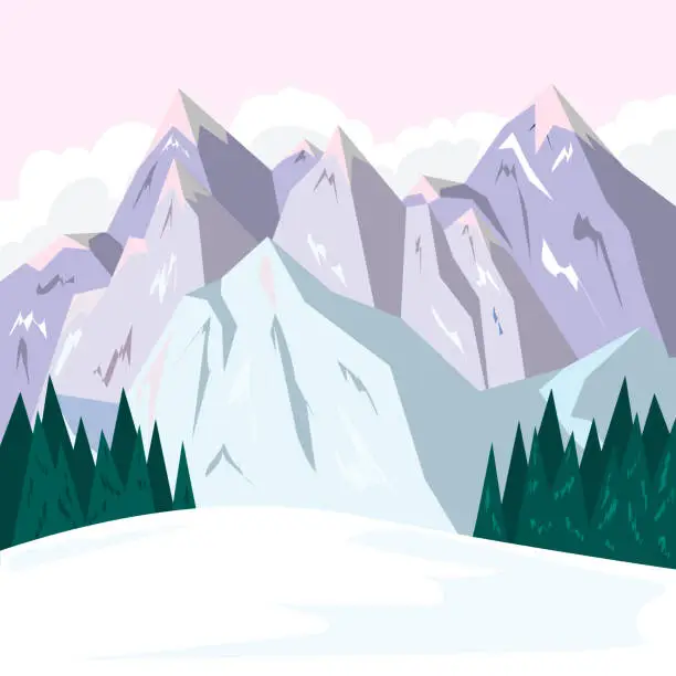 Vector illustration of Winter ski resort with a cable car and a holiday house. Illustration in flat style