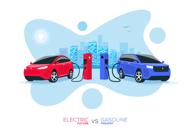 Electric Car Versus Gasoline Car Fuel Fight Comparison with Blue City Skyline Comparing electric versus gasoline diesel car. Electric car charging at charger stand vs. fossil car refueling petrol gas station. Isolated front perspective view with blue city skyline background. supercharged engine stock illustrations