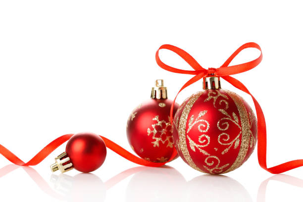 istock Red christmas ball with bow over white background 1181776347