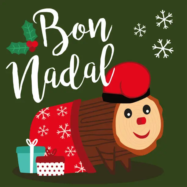 Vector illustration of Caga Tio de Nadal, a typical Christmas character from Catalonia and Aragon, Spain. Merry Christmas lettering written in Catalan.