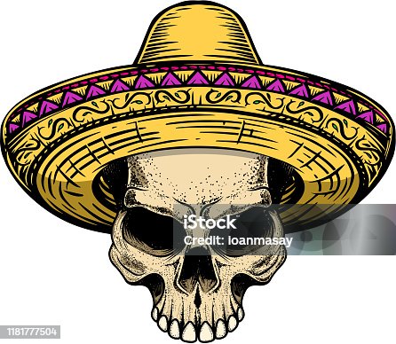 istock Illustration of skull in sombrero isolated on white background. Design element for label, badge, sign. Vector illustration 1181777504