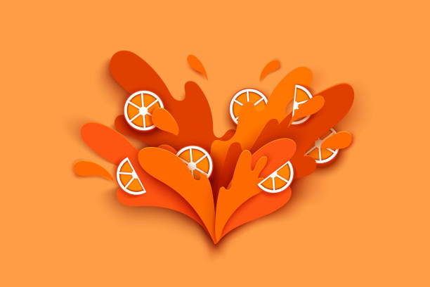 istock orange juice splashes and drops in a paper cut style. orange slices and paper slices. soft shadows and rich bright colors. stock vector illustration. 1181778377